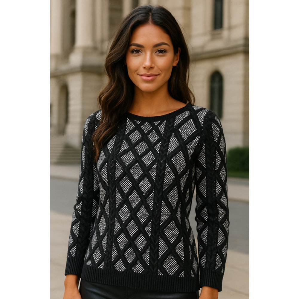 Worthington Diamond Cable Knit Sweater Pullover Black White Geometric Streetwear